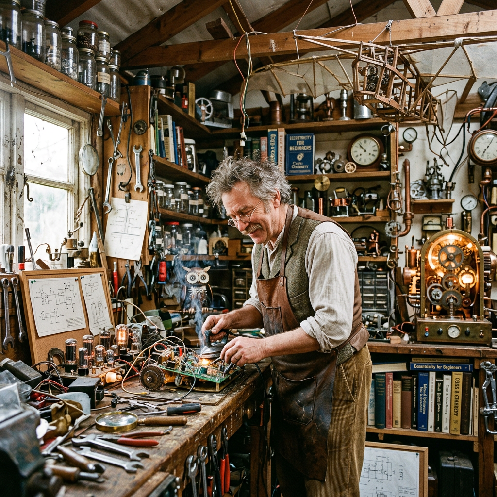 Inventor assembling mechanical device in workshop filled with vintage tools and machinery