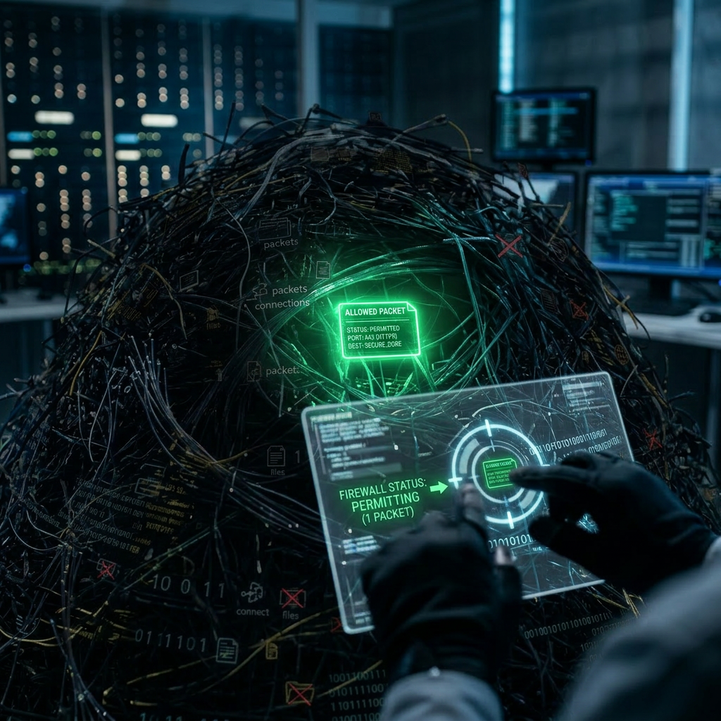 Holographic interface highlighting a malicious network packet within digital data cables